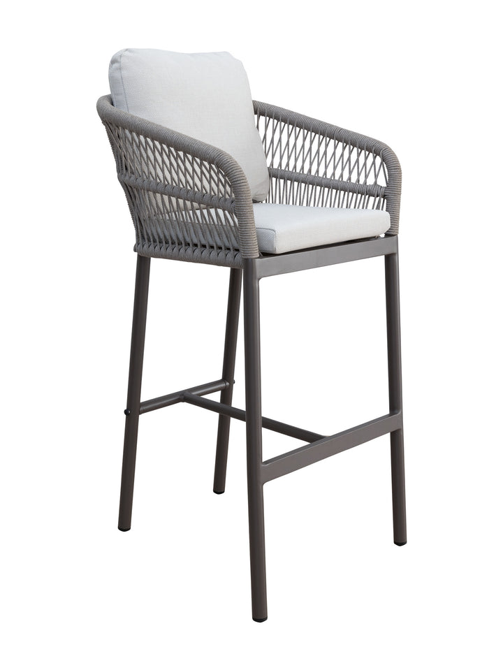 Gray wicker bar chair with white cushion