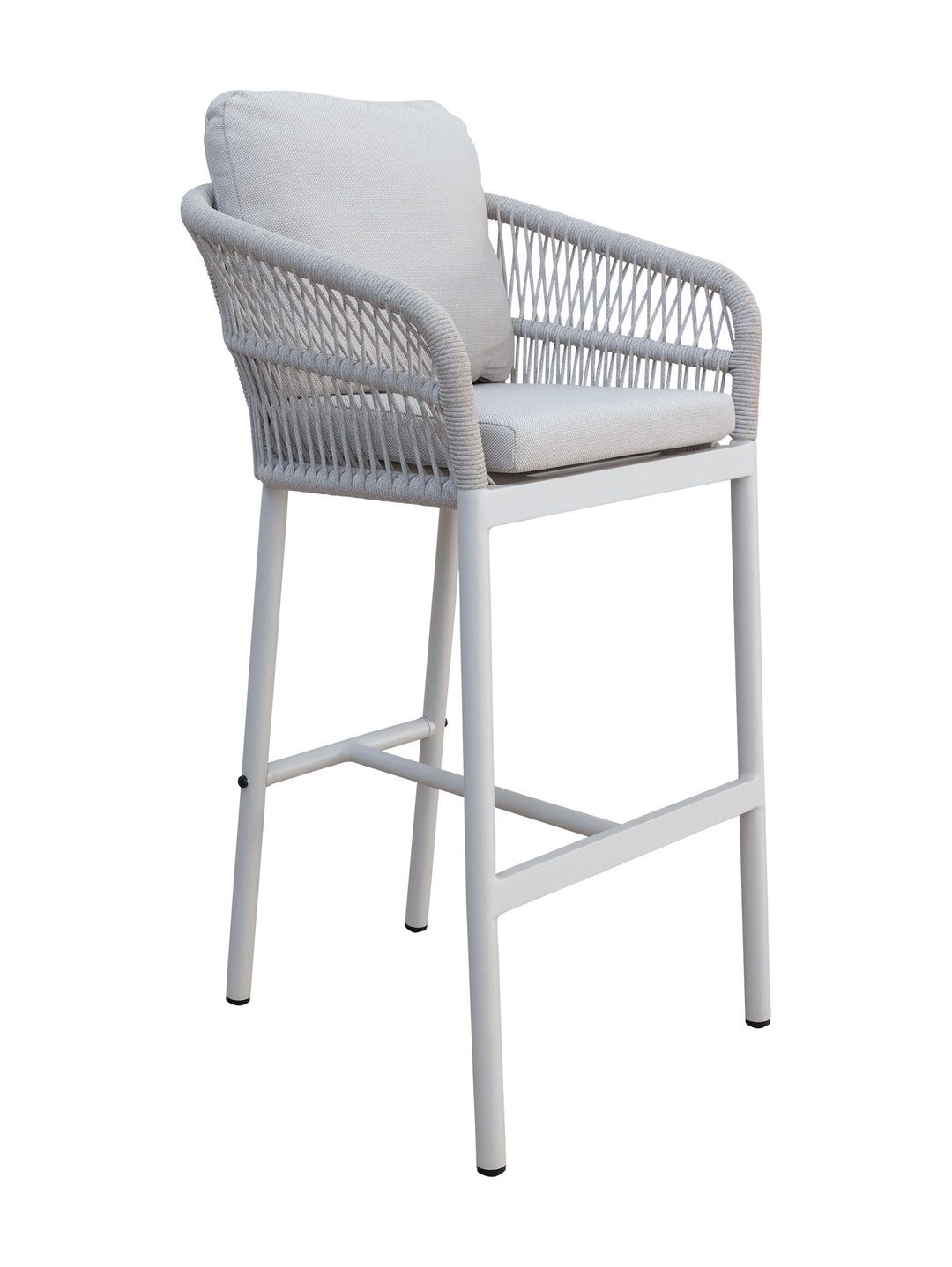 White bar stool with woven backrest and cushion 