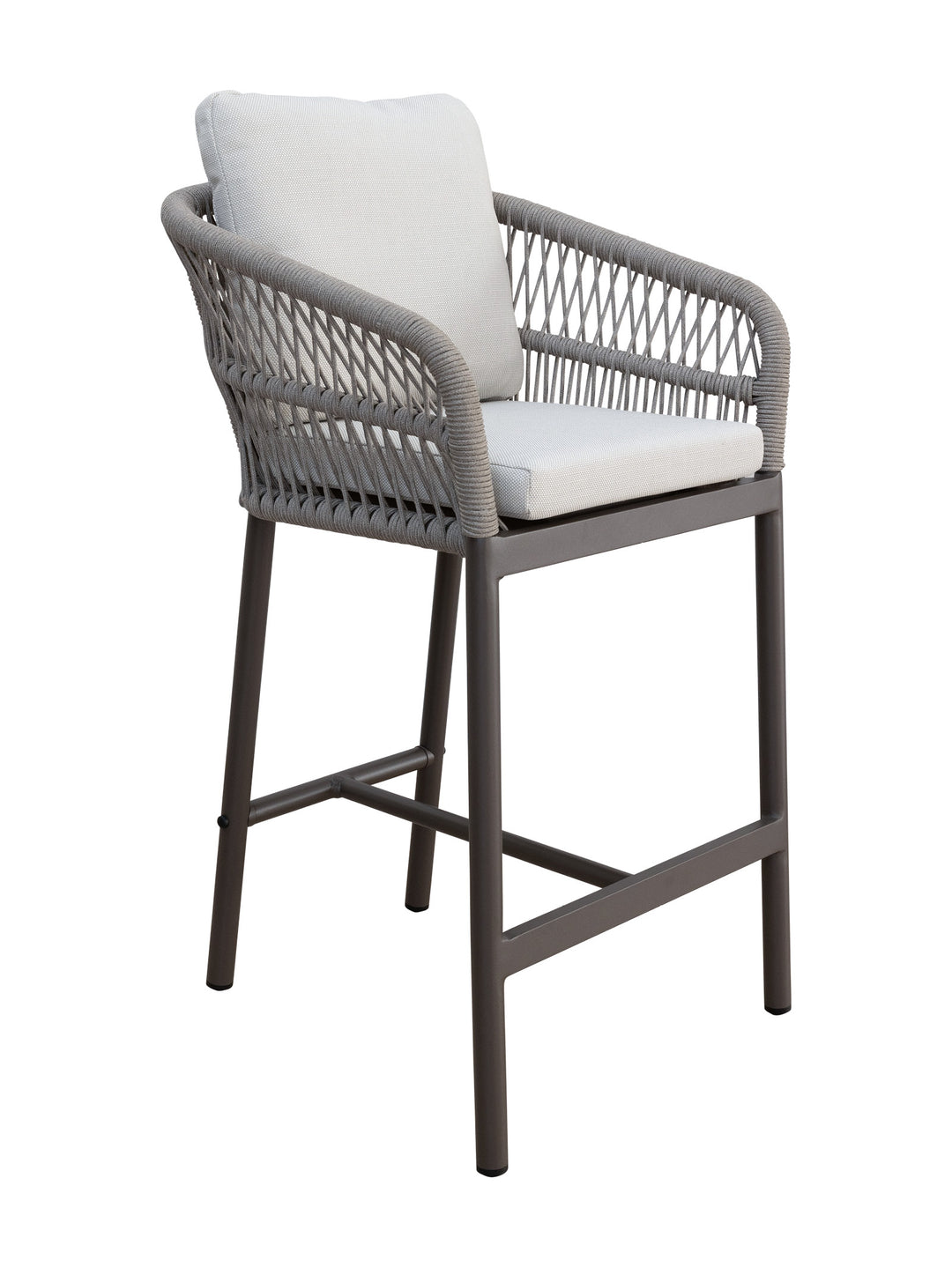 Gray wicker bar stool with white cushion