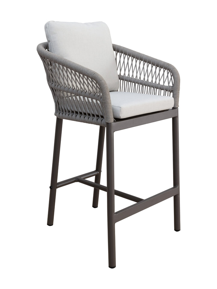 Gray wicker bar stool with white cushion