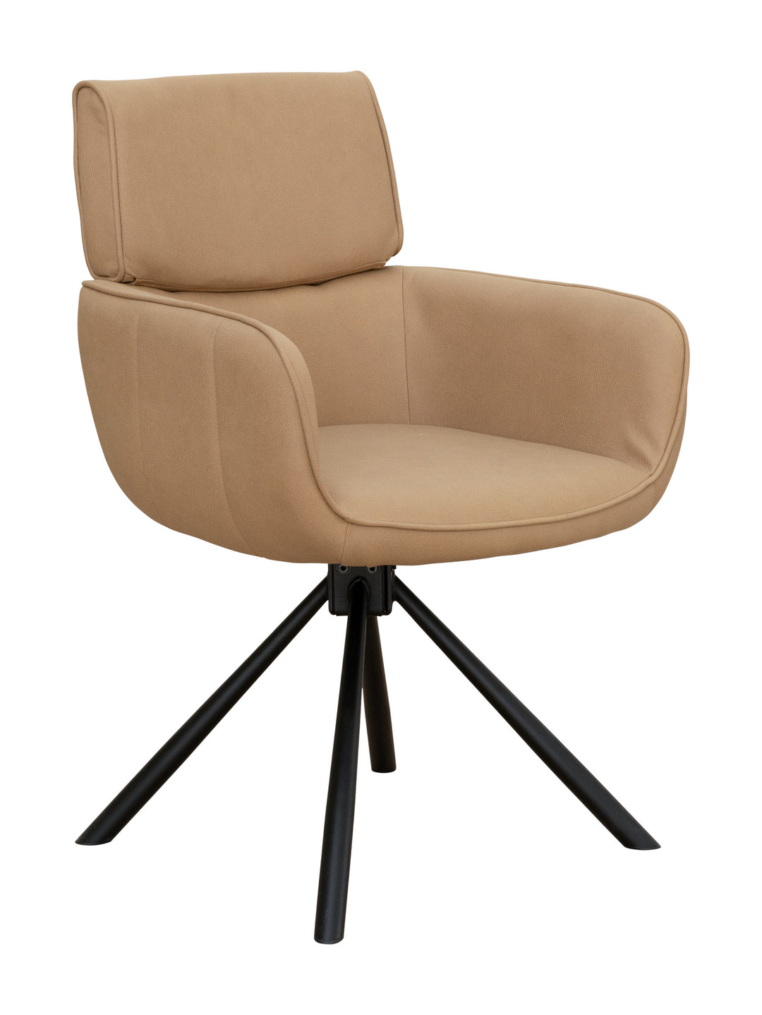 Caramel brown swivel dining chair with black metal legs