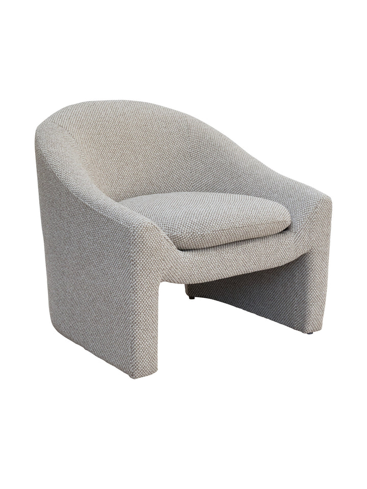 Light grey textured, fully upholstered occasional chair