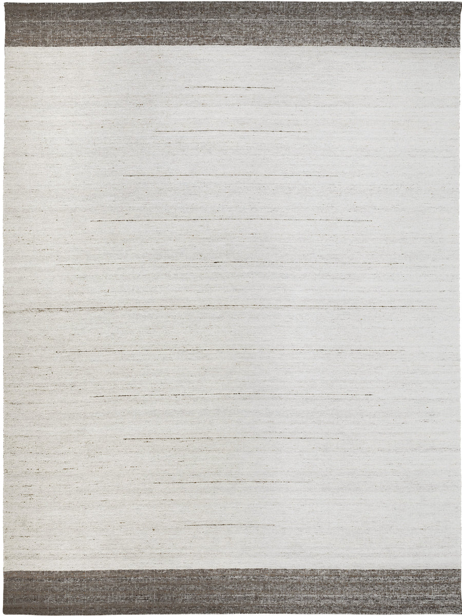 Gray and white striped rug with a two-tone design.