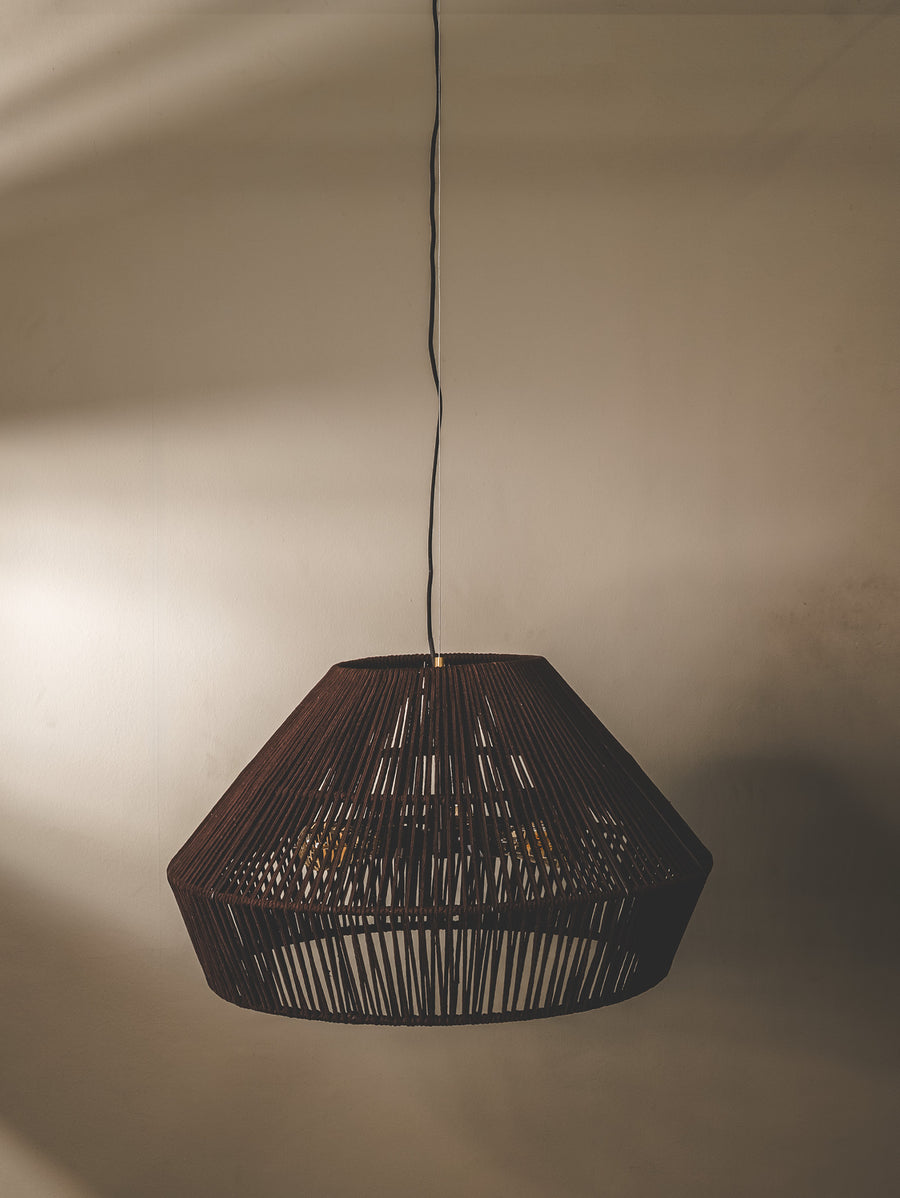 Handwoven undercover patio pendant made with UV-resistant rope in a chocolate brown colourway.