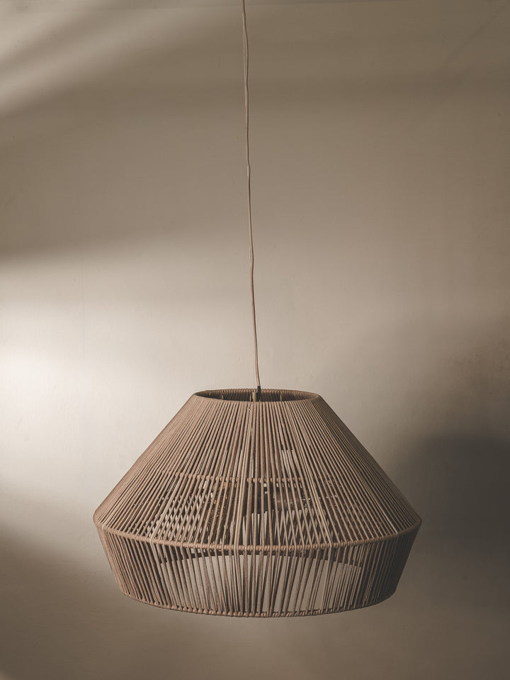 Handwoven undercover patio pendant made with UV-resistant rope in a fossil brown colourway.
