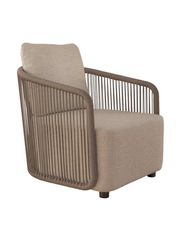 Beige outdoor occasional chair with woven frame and upholstered cushions