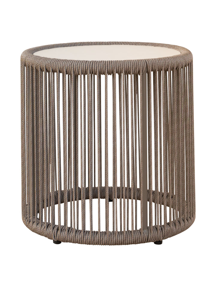 Round woven side table with a white top 