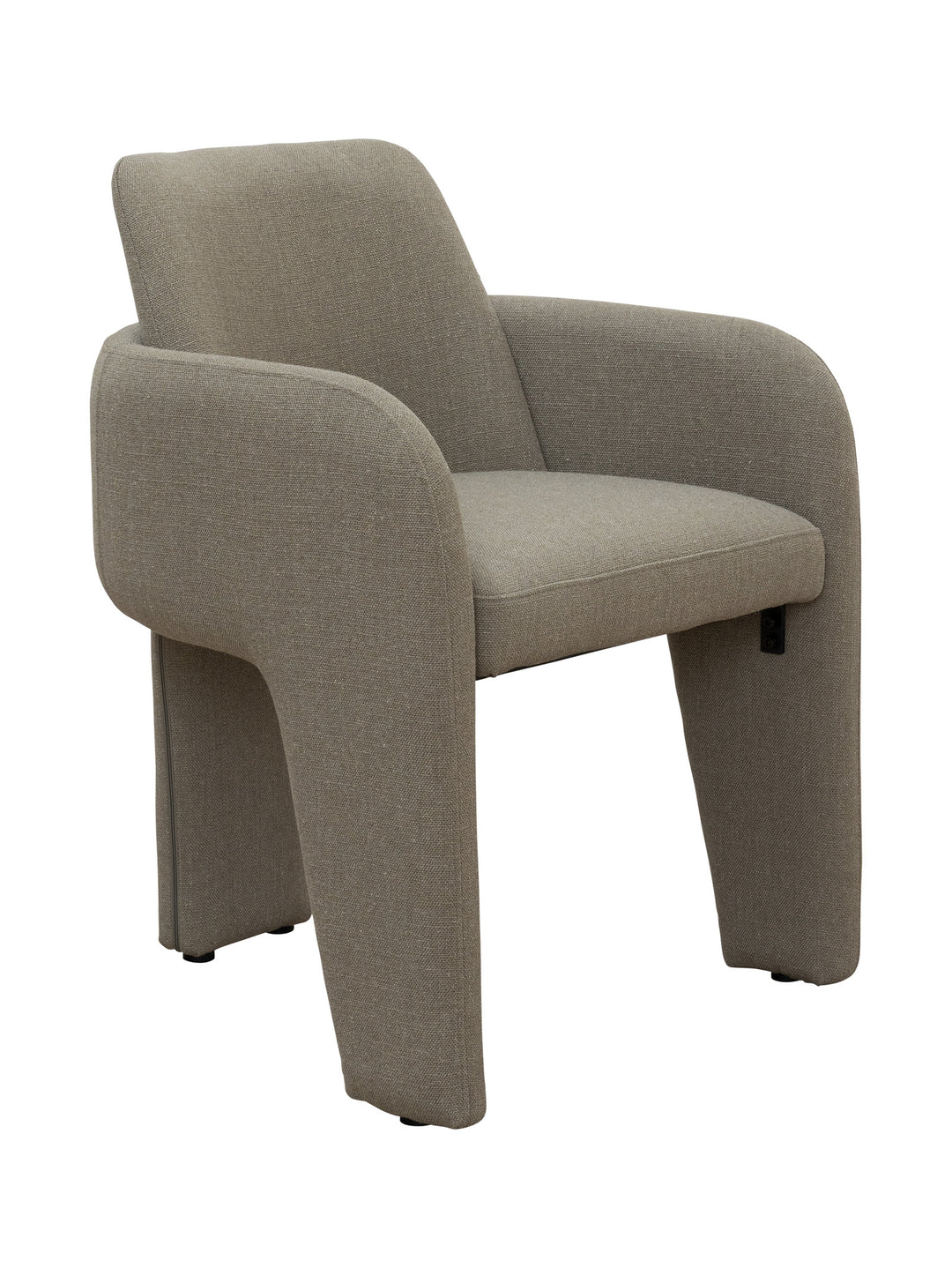 Grey upholstered dining chair with three legs and textured armrests