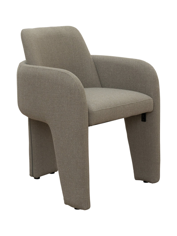 Grey upholstered dining chair with three legs and textured armrests