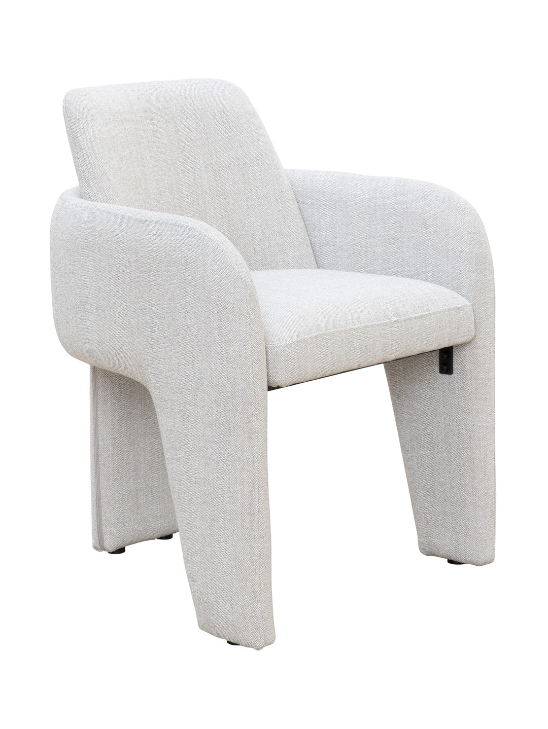White upholstered dining chair with three legs 