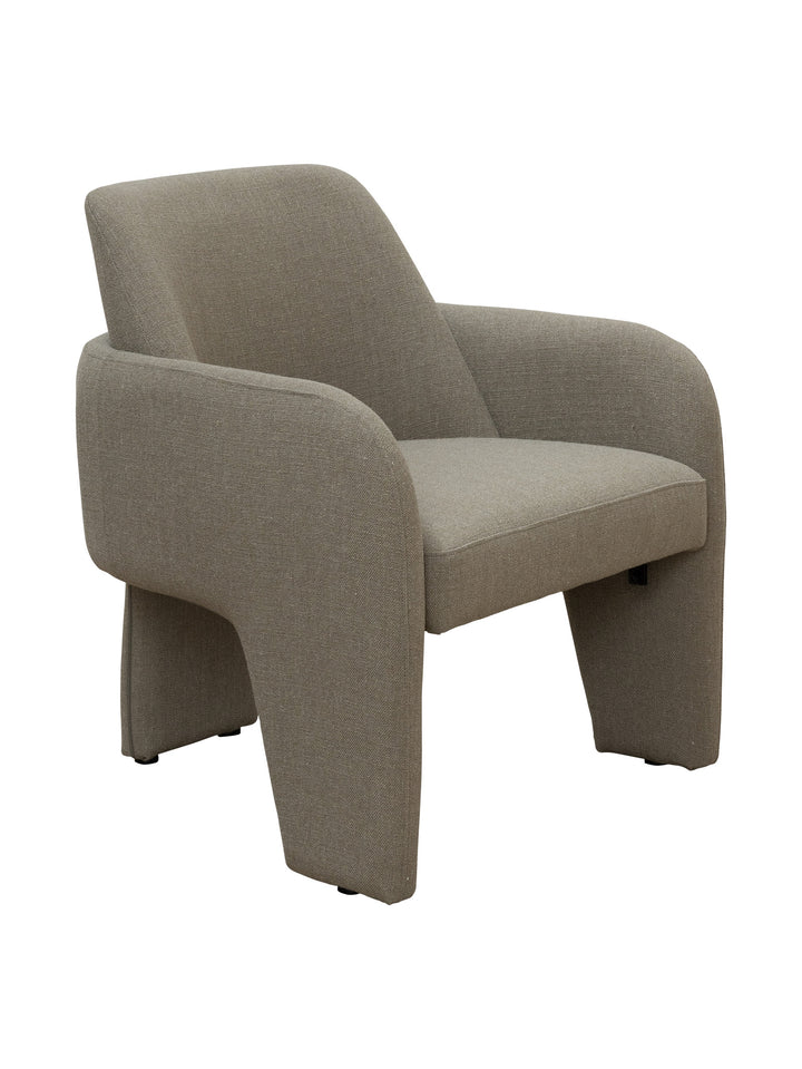 Light grey fully upholstered occasional chair with three legs
