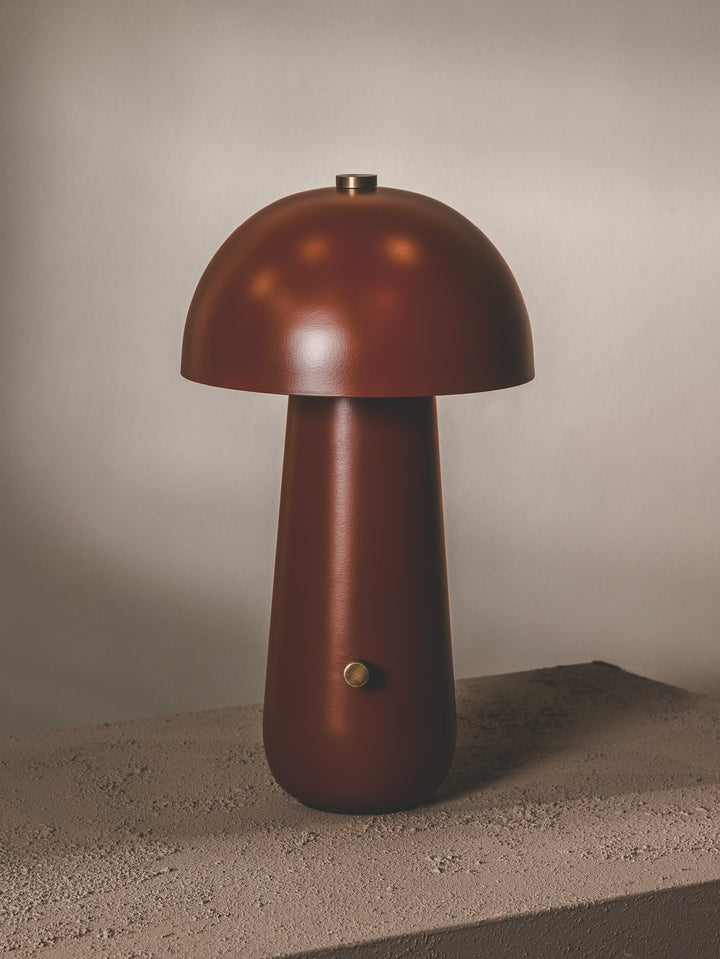 Mushroom-shaped steel table lamp in rust colourway with brass accents.