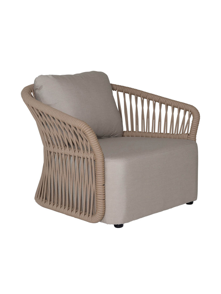 Beige outdoor occasional chair with woven backrest 