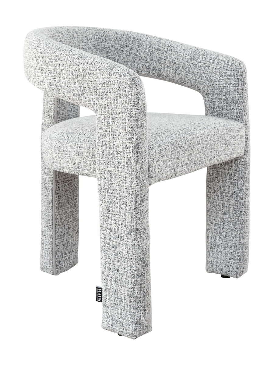 Light grey upholstered dining chair with three upholstered legs