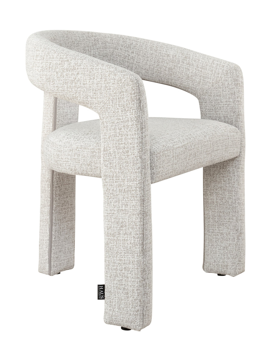 Light grey upholstered dining chair with three upholstered legs