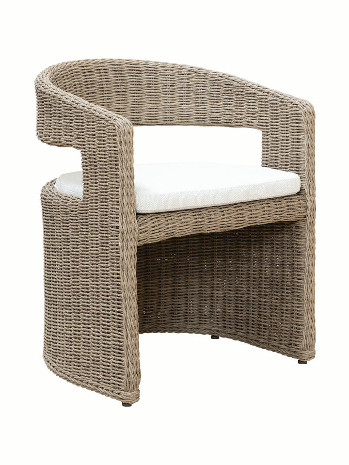 Outdoor dining chair with aluminium frame and wicker-style look, and white olefin covered seat cushion