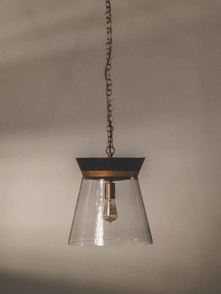 Clear-glass pendant with mango wood detail and steel support