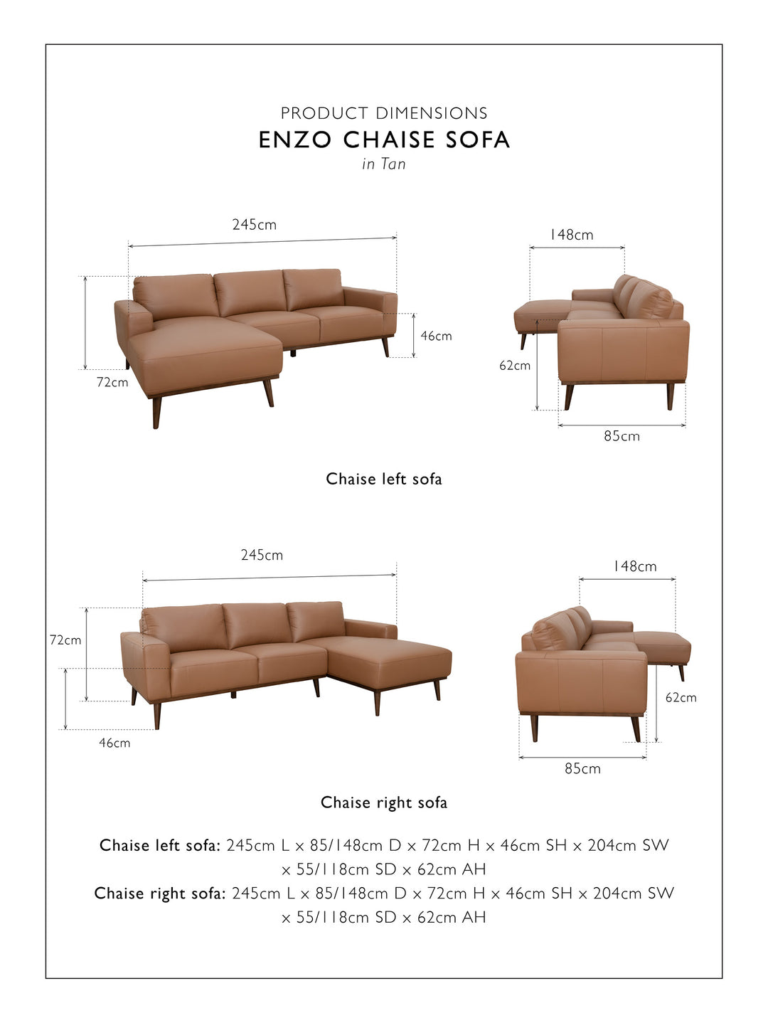 Enzo Chaise Sofa Left in Tan