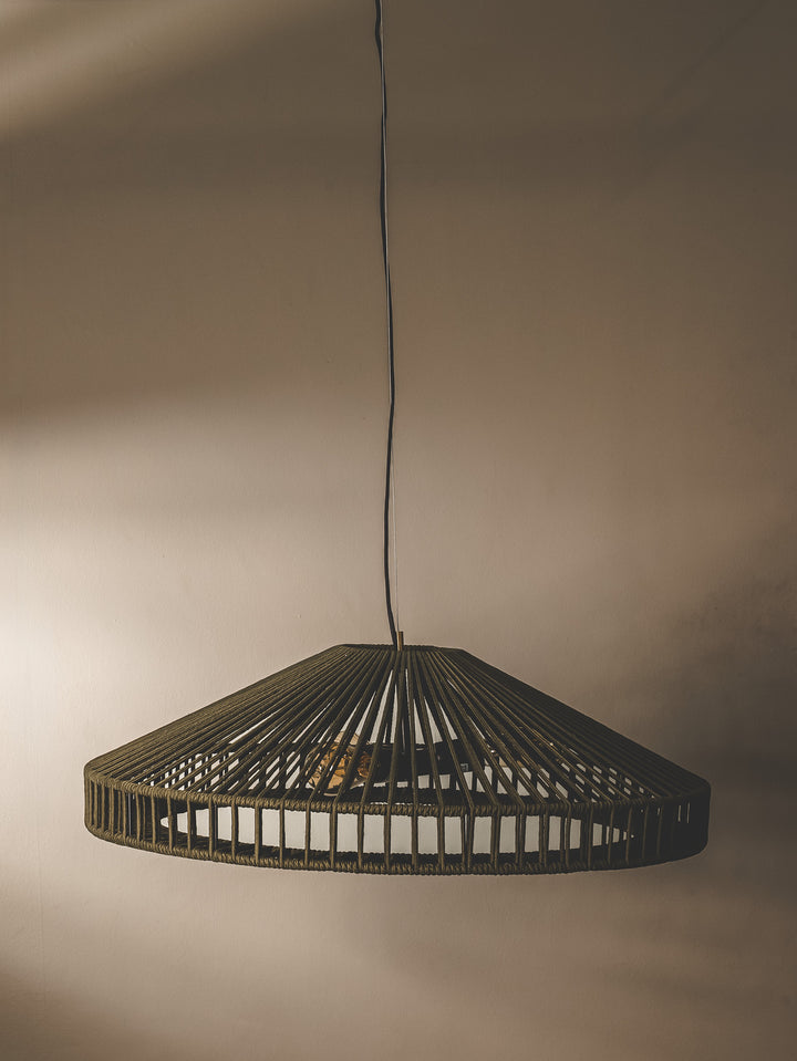 Handwoven undercover patio pendant made with UV-resistant rope in a matcha green colourway.