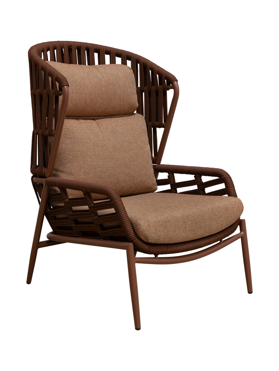 Brown wicker occasional chair with cushioned seat and backrest 