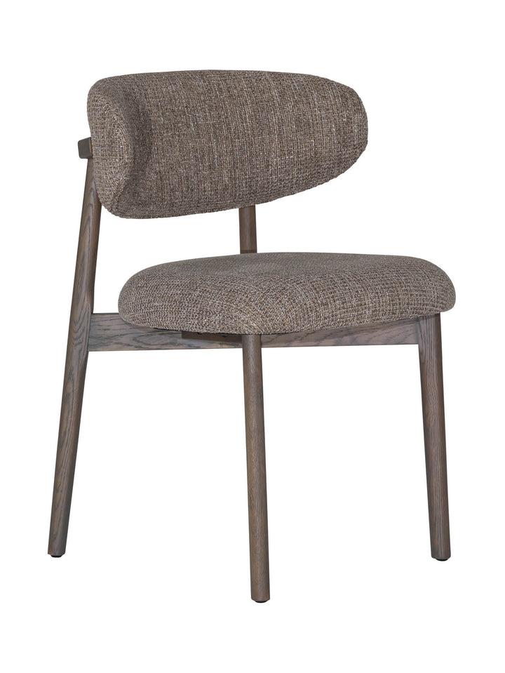 Grey, brown upholstered dining chair with wooden back support and wooden legs