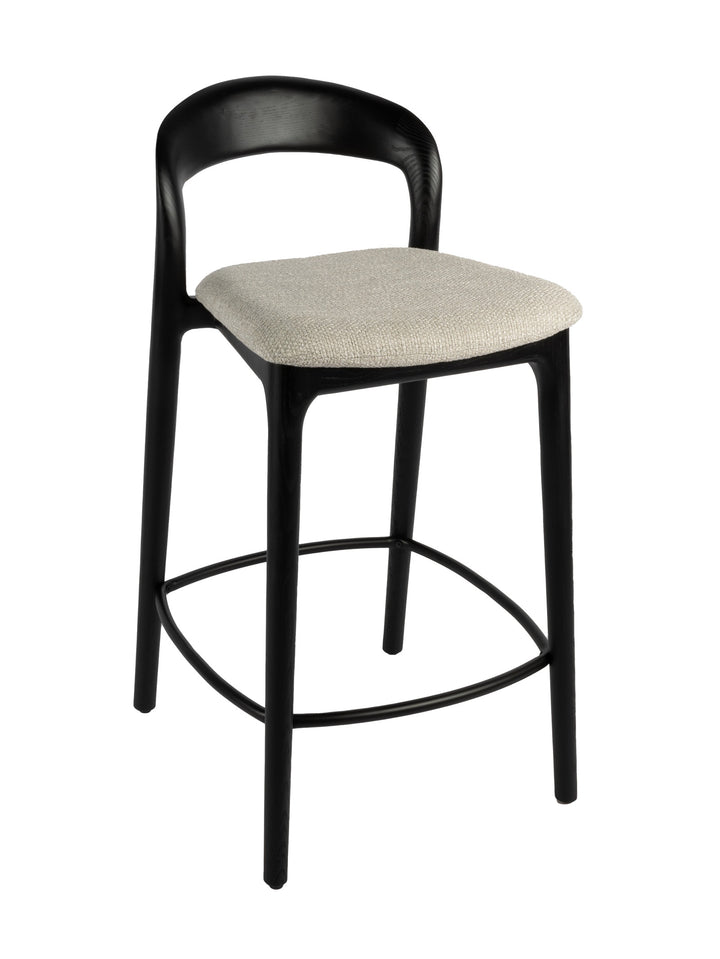 Bar stool with black frame and beige cushioned seat 