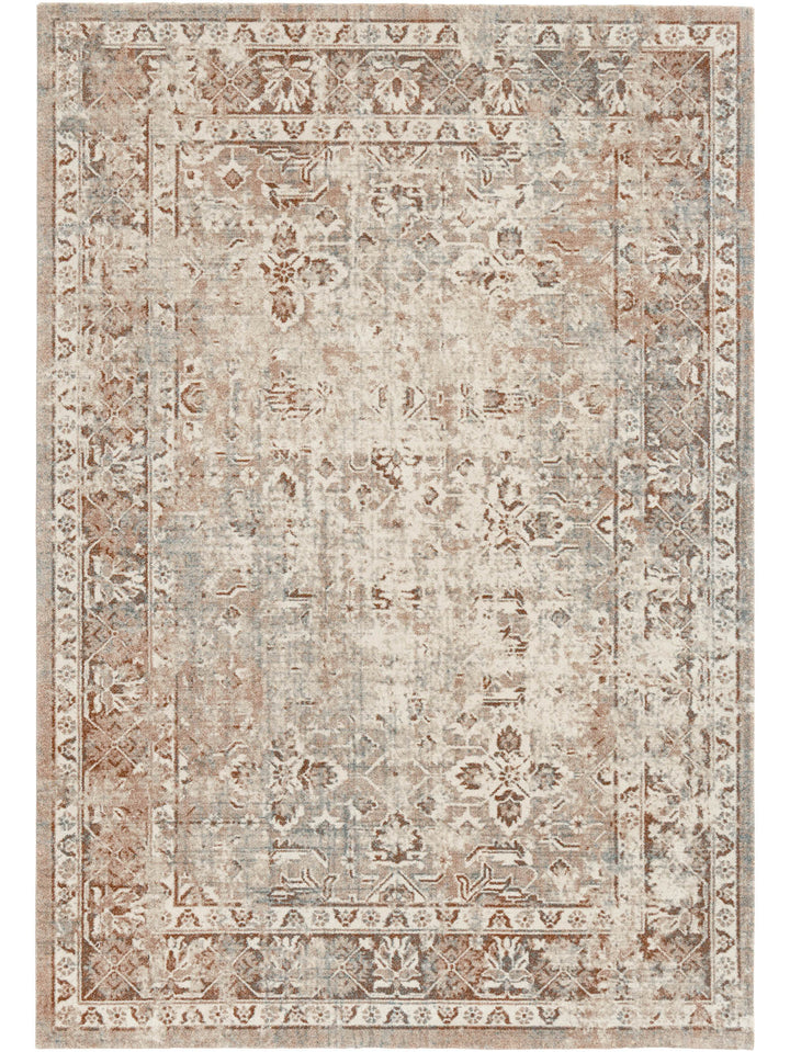 Decorative rug with intricate patterns in beige, brown, and gray 
