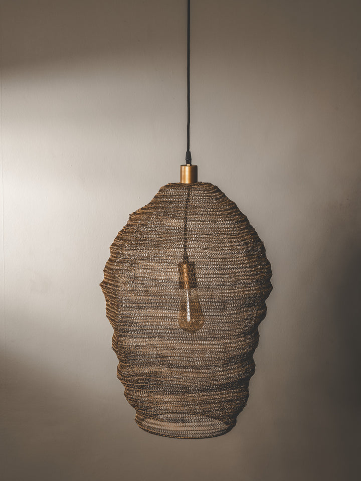 Collapsible powder-coat steel mesh pendant in golden colourway.