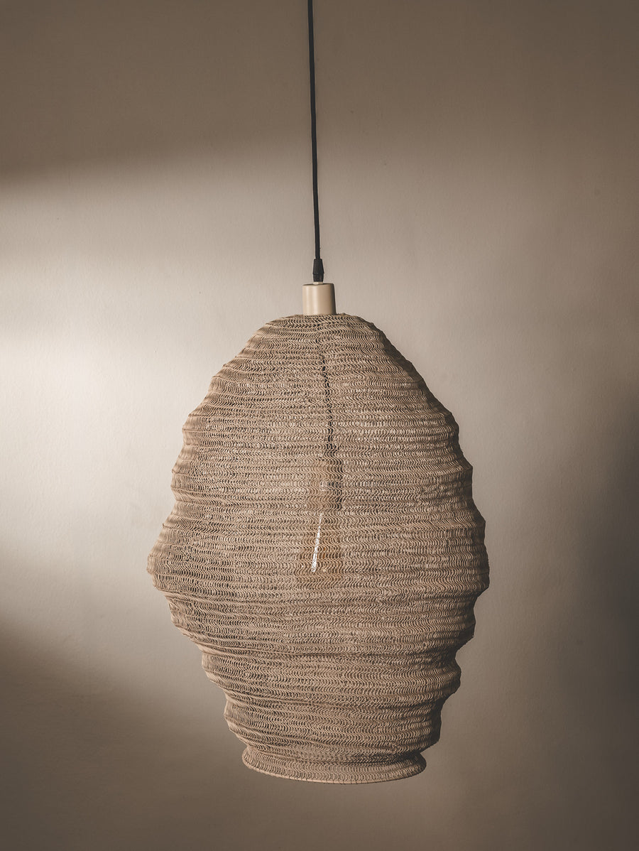 Collapsible powder-coated steel mesh pendant in sand colourway.