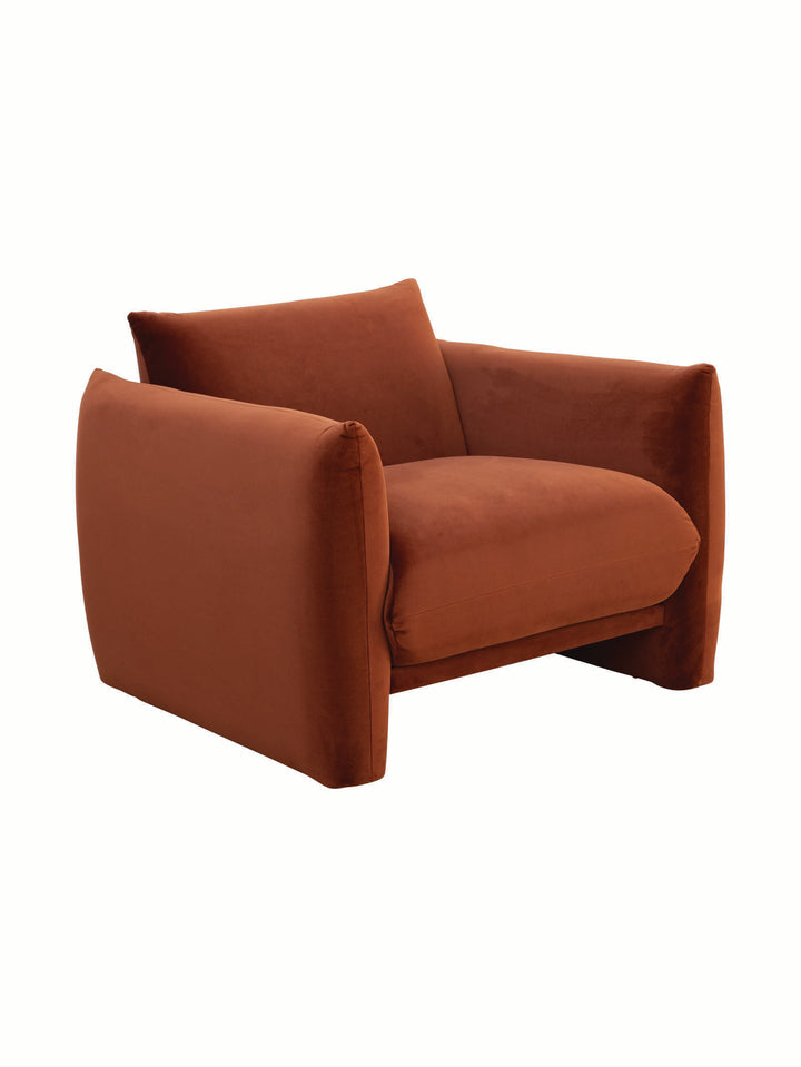 Orange velvet-like upholstered occasional chair 