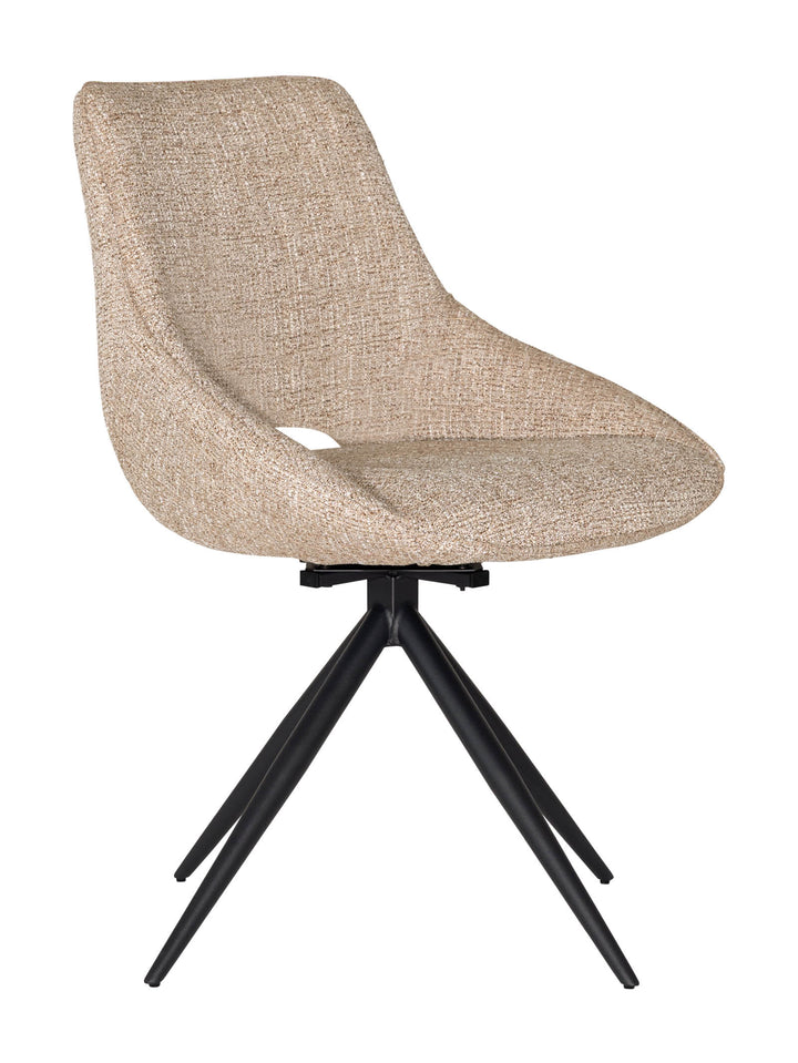 Light cream upholstered swivel dining chair with black metal legs