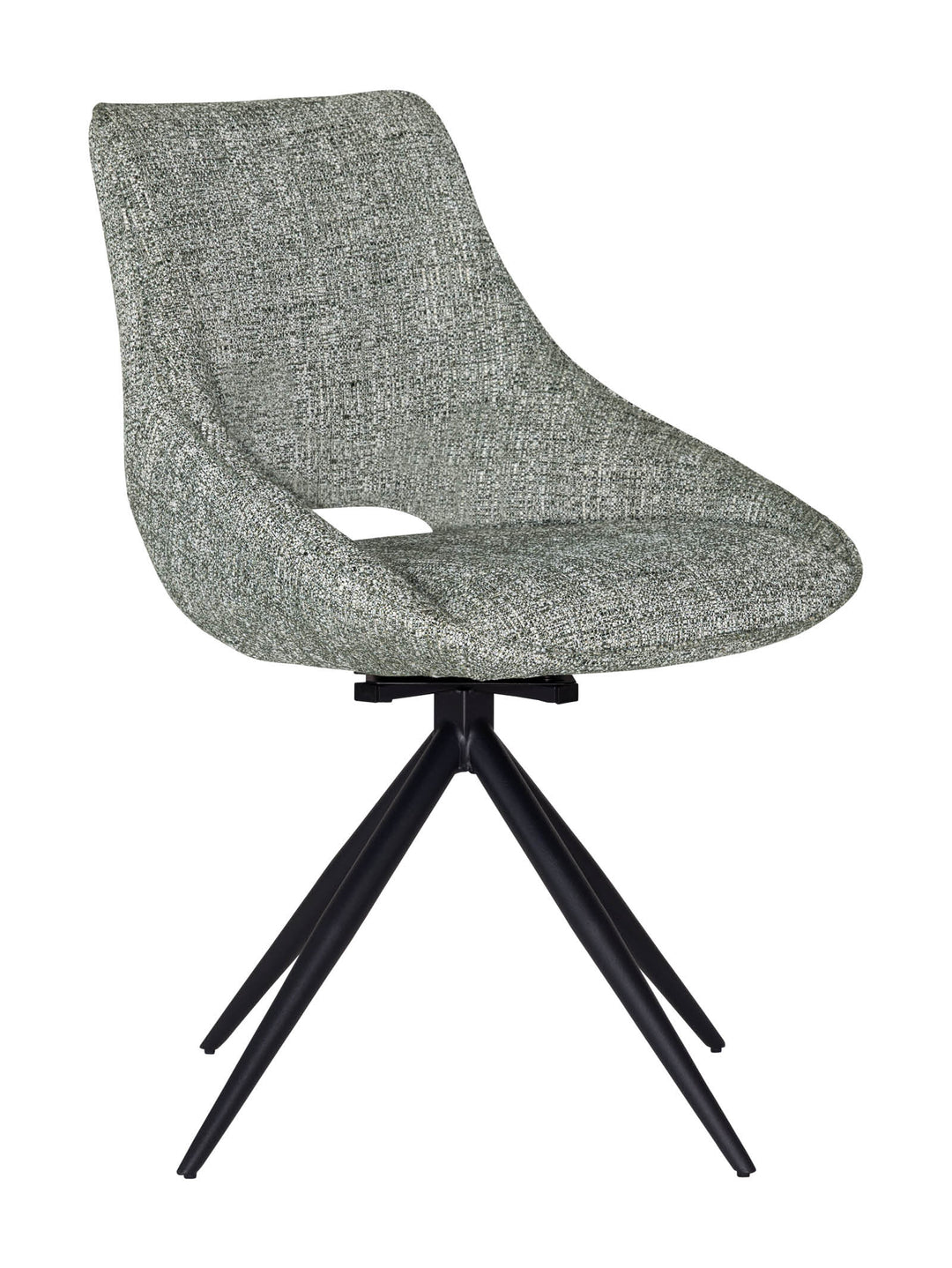 Light green upholstered swivel dining chair with black metal legs