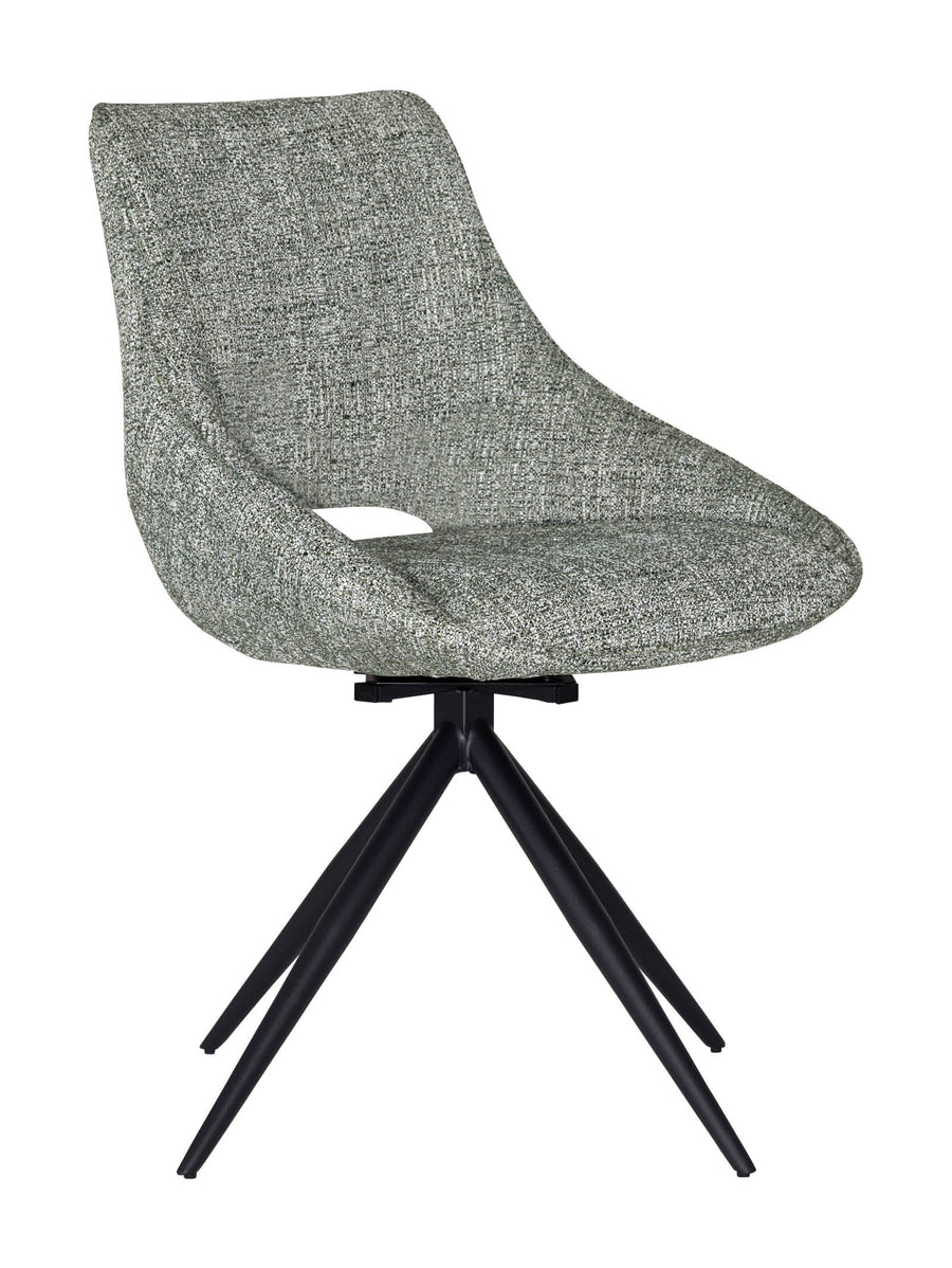Light green upholstered swivel dining chair with black metal legs