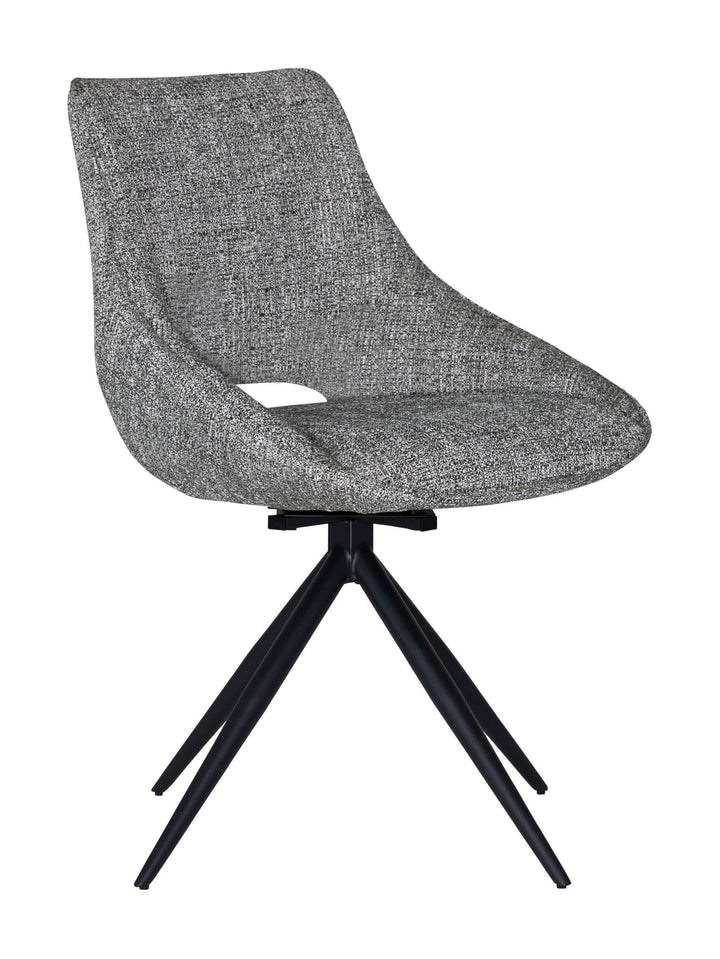Grey upholstered swivel dining chair with black metal legs