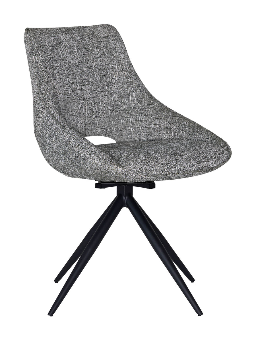 Grey upholstered swivel dining chair with black metal legs