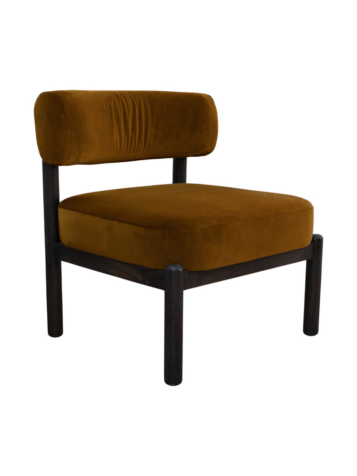 Mustard yellow occasional chair with upholstered backrest and seat and dark wood frame
