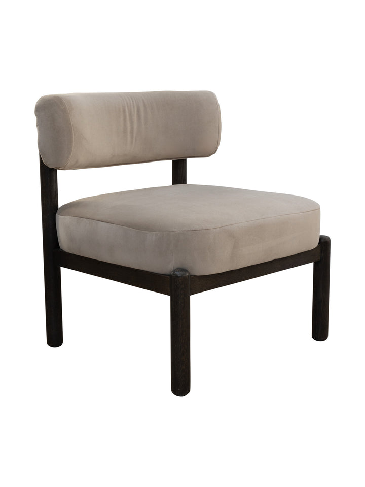 Beige upholstered occasional chair with dark wood frame