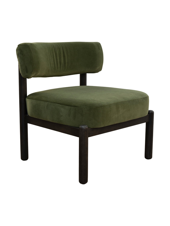 Dark green occasional chair with upholstered backrest and seat and dark wood frame