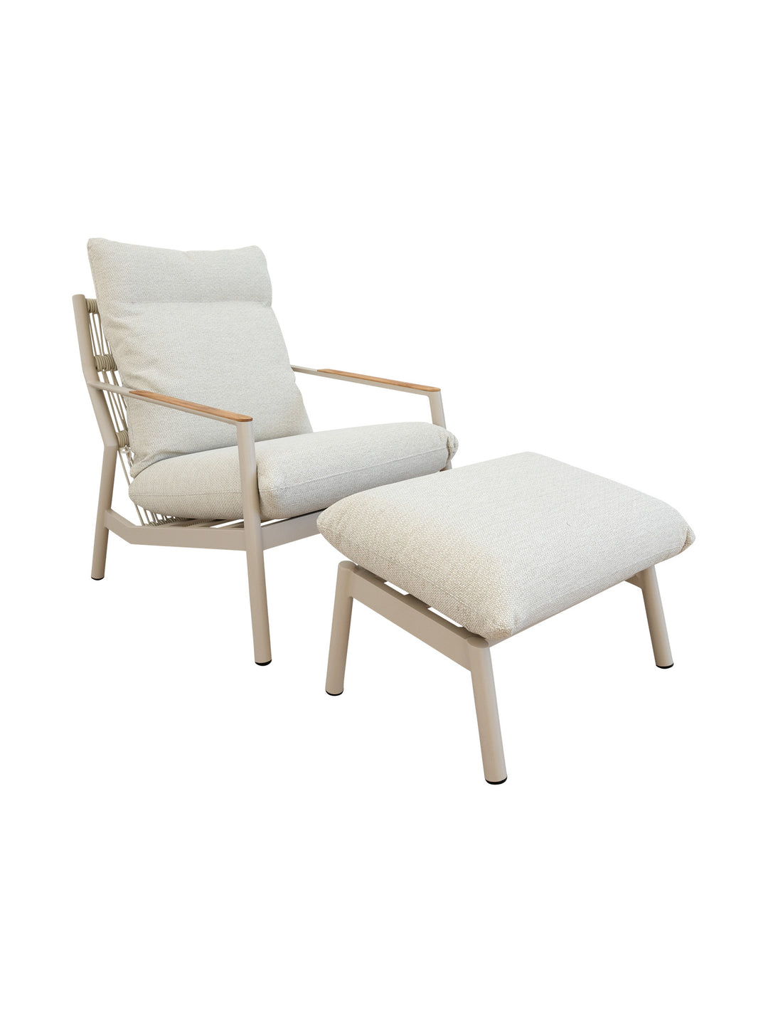 White upholstered outdoor occasional chair with matching ottoman and white steel frame