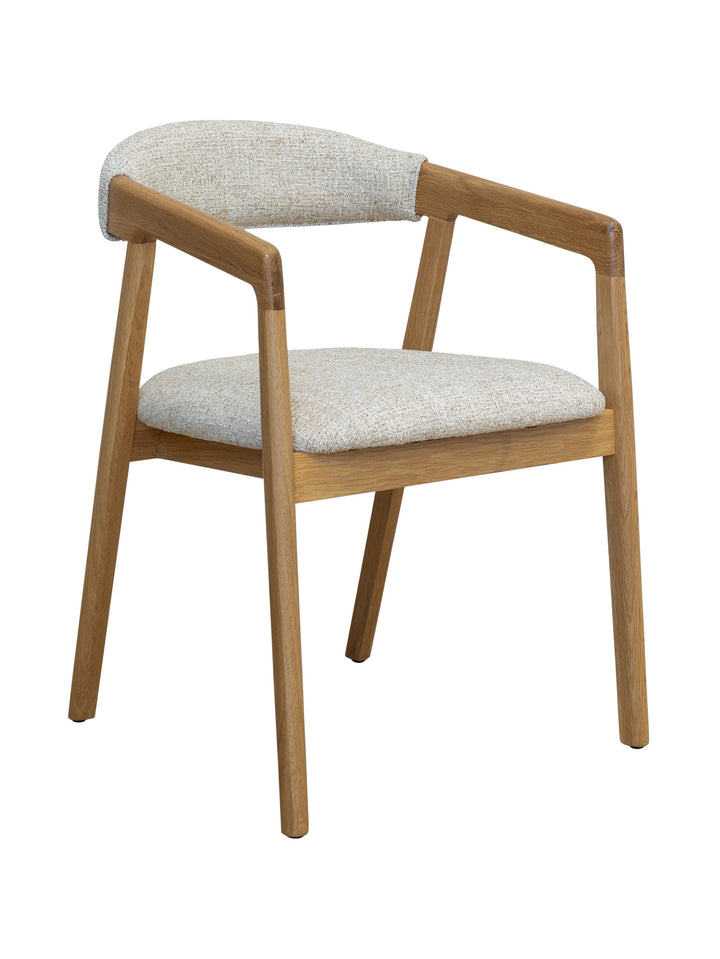 Dining chair with wooden frame and light beige upholstered back rest and seat