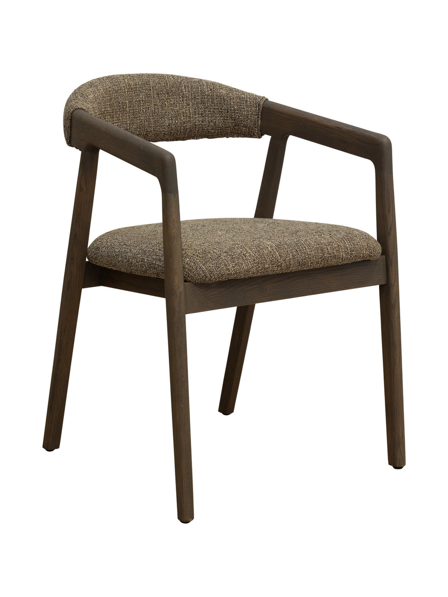 Brown upholstered chair with wooden frame