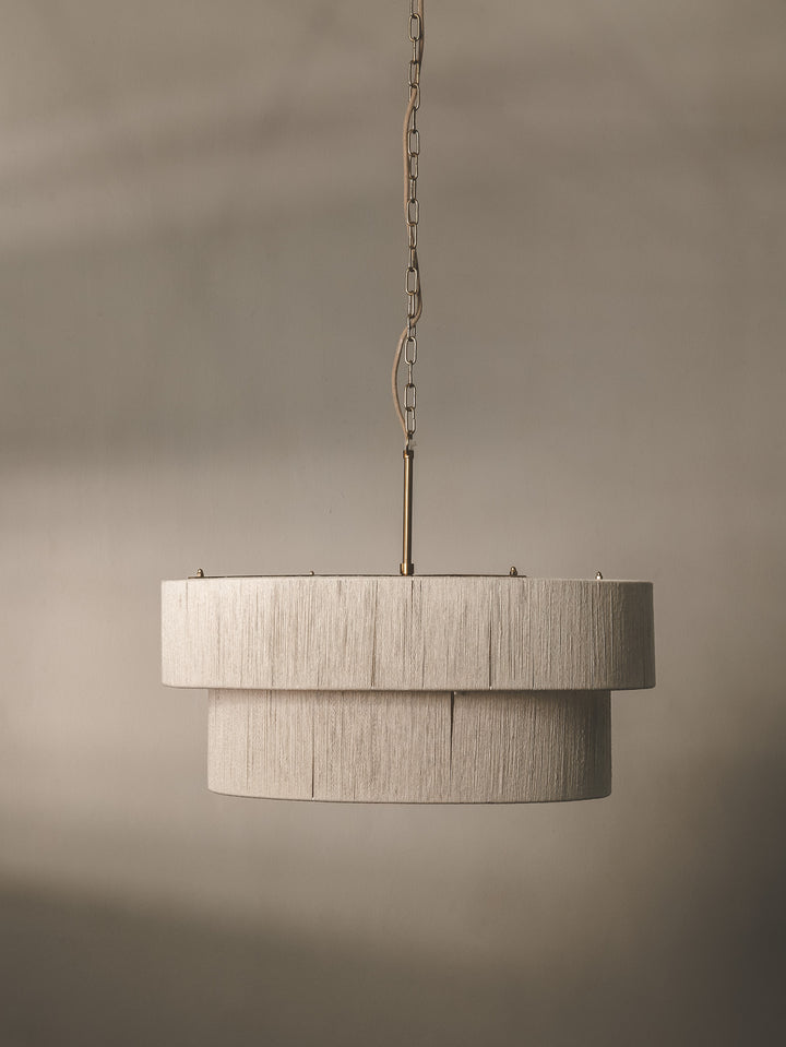 Handmade pendant with steel framework and woven rope shade in natural colourway.