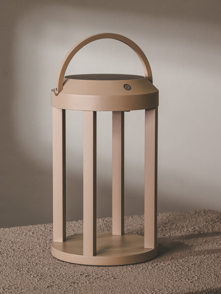 Fully outdoor, solar-usb rechargeable lantern-style lights made of aluminium.