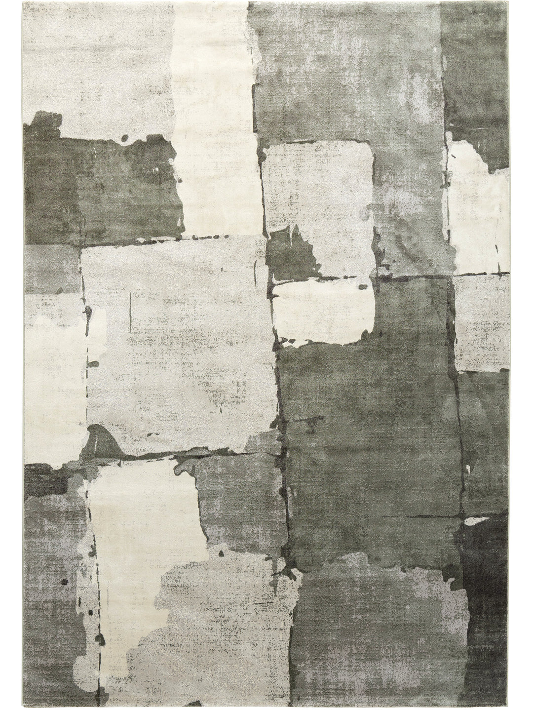 Abstract patchwork rug with geometric pattern in gray and white