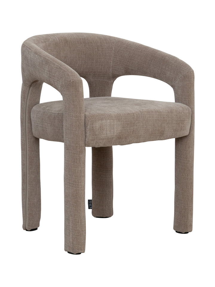 Beige upholstered dining chair with round backrest and armrests