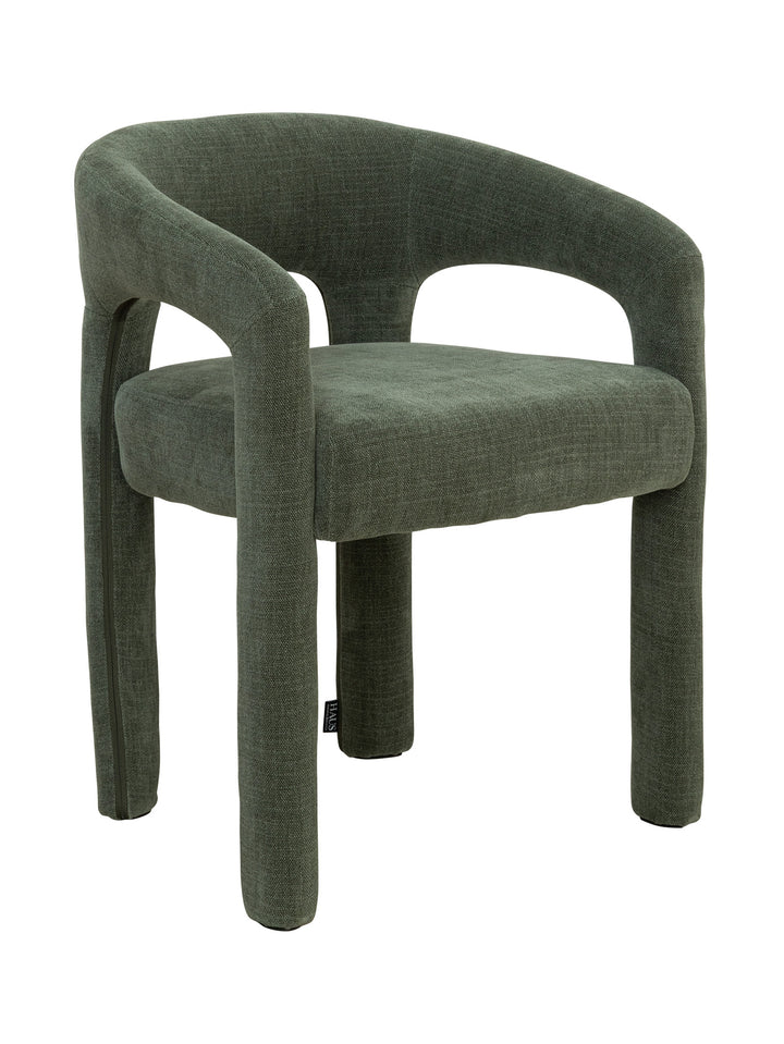 Dark green upholstered dining chair with round back rest and textured armrests