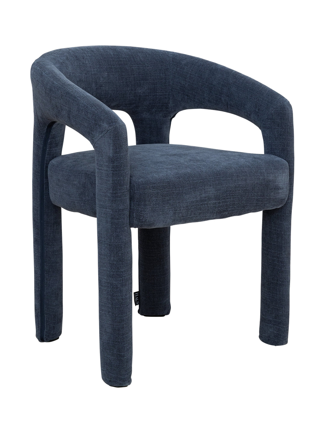 Dark blue upholstered dining chair with round back rest and textured armrests