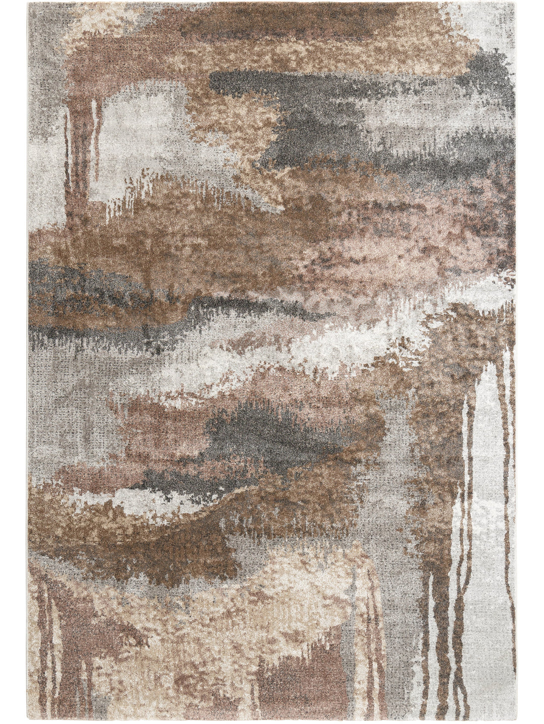 Abstract patterned rug with brown, beige, and gray colors